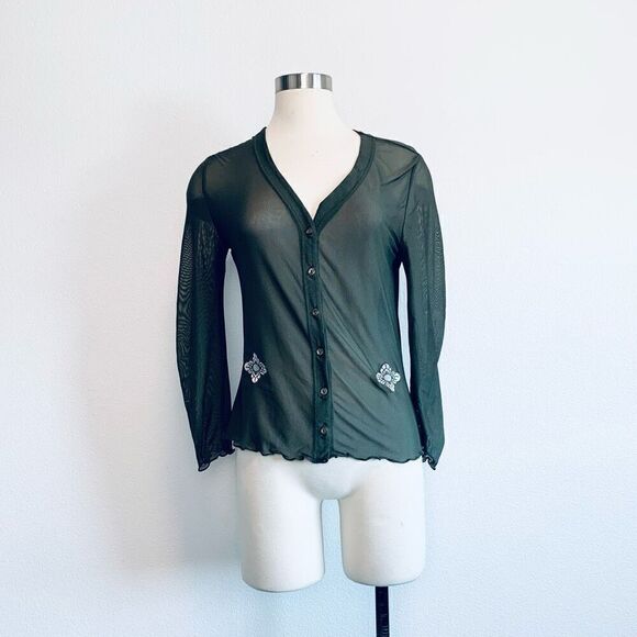 Vintage Boutique Europa Sheer Green Embroidered Cardigan Top Blouse Small - Picture 2 of 7